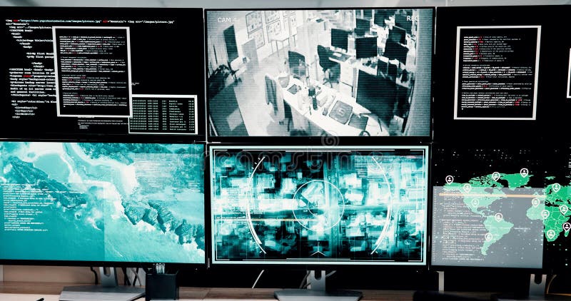 Computer, screen and satellite for global safety of crime surveillance, coding and monitor worldwide. Online, map and royalty free stock image