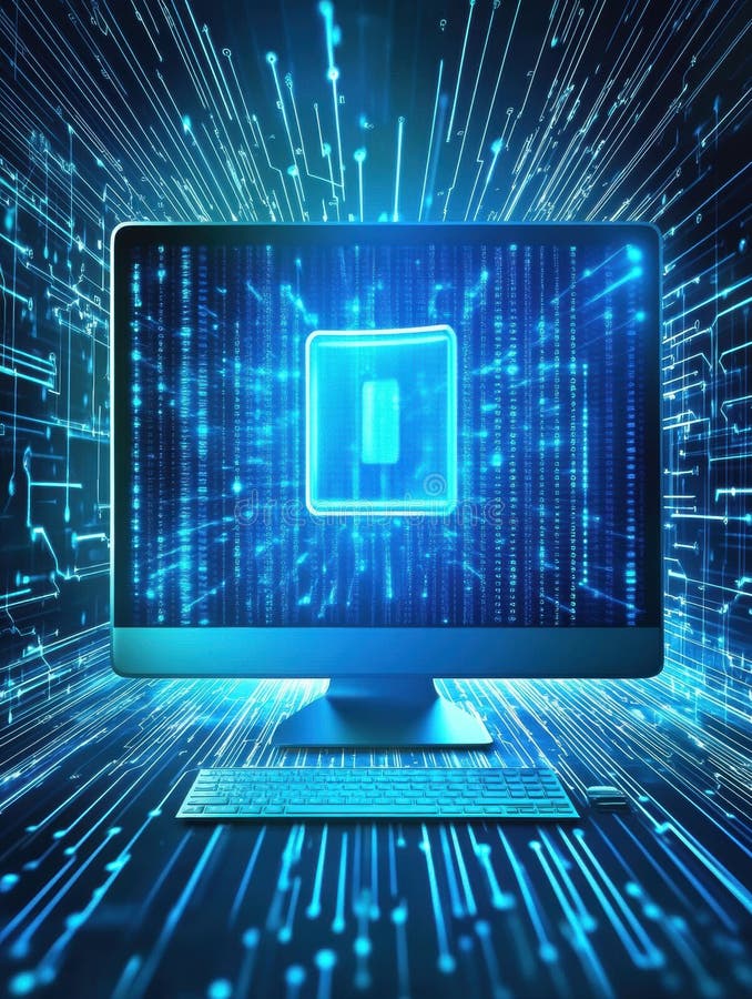A computer screen showcases a glowing protection icon emanating digital data in a high-tech setting at nighttime royalty free stock images