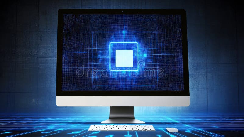The computer screen showcases a glowing protection icon, highlighting important security features for digital safety and royalty free stock photos
