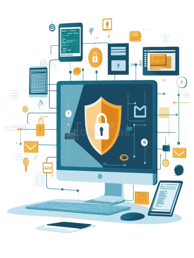 The computer screen showcases a shield with a lock icon, representing digital security surrounded by various devices and royalty free stock photo