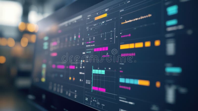 Computer screen showing futuristic user interface with analytics and data visualization in modern office stock photo