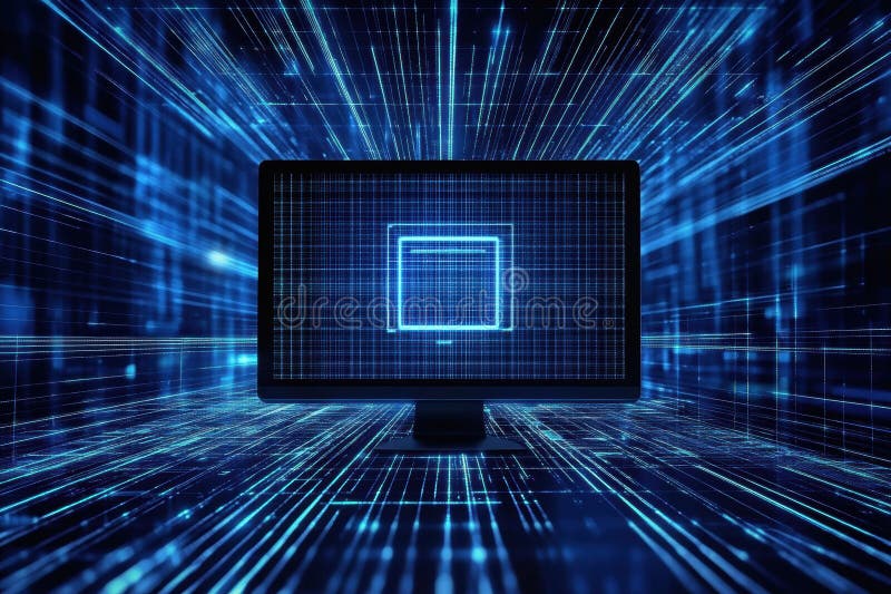 A computer screen shows a glowing blue protection icon amidst a digital landscape of data and connections, emphasizing royalty free stock photo