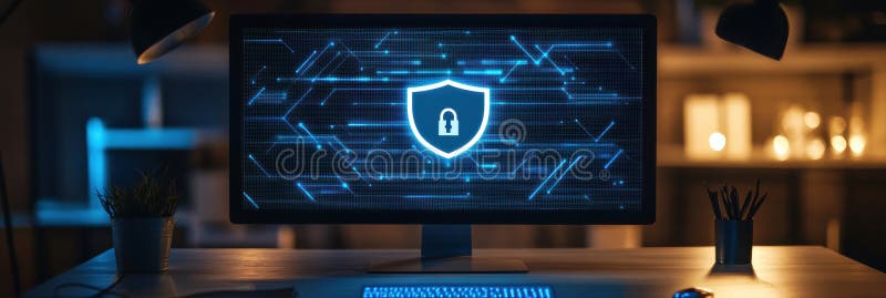 The computer screen shows a glowing protection icon, set against a dark and focused workspace ambiance at night stock photo