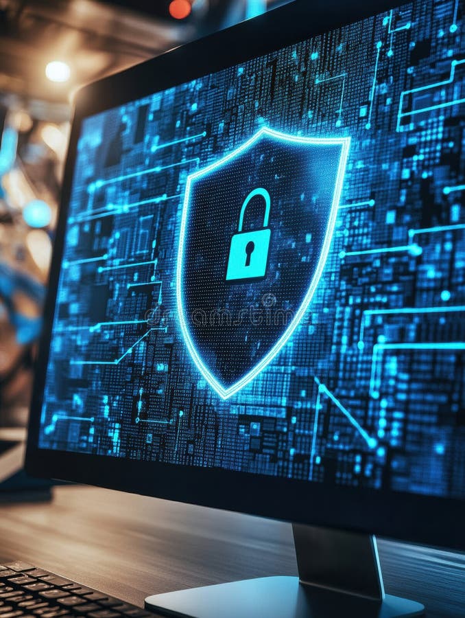 A computer screen shows a glowing shield and lock icon, representing strong internet security measures in a digital stock photography