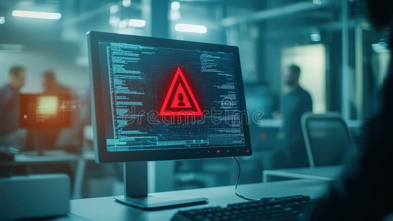 Computer Screen Shows Red Warning Alert of a Cybersecurity Threat Data Breach Risk stock illustration