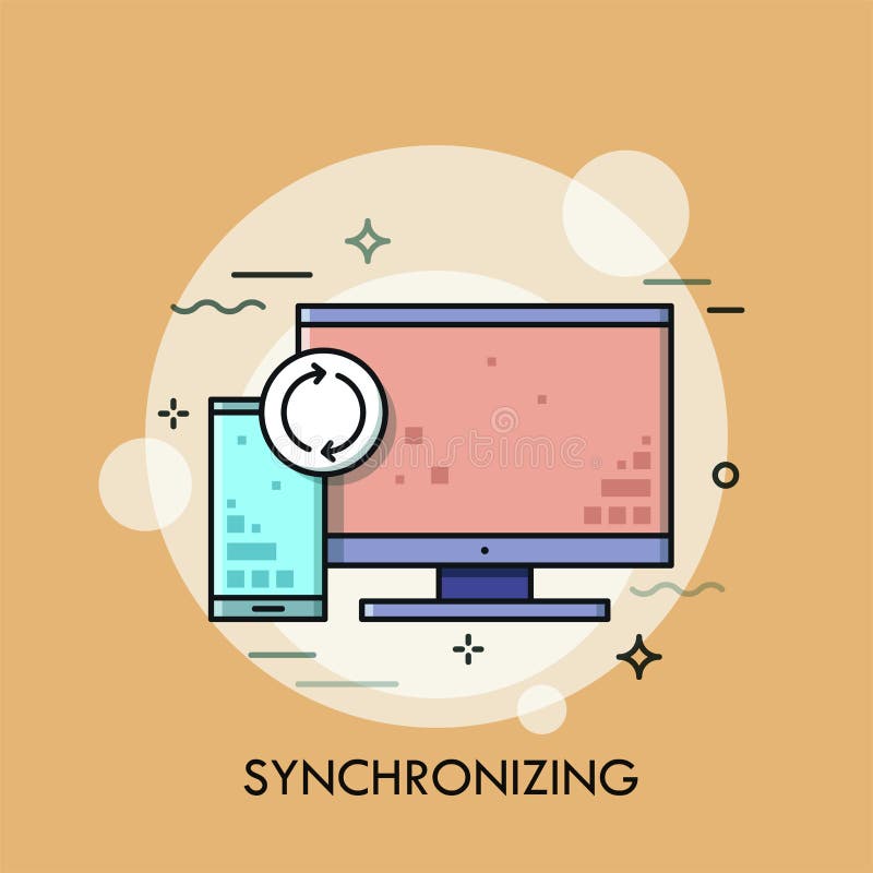 Computer screen, smartphone and synchronization sign. vector illustration Computer screen, smartphone and synchronization sign. vector illustration