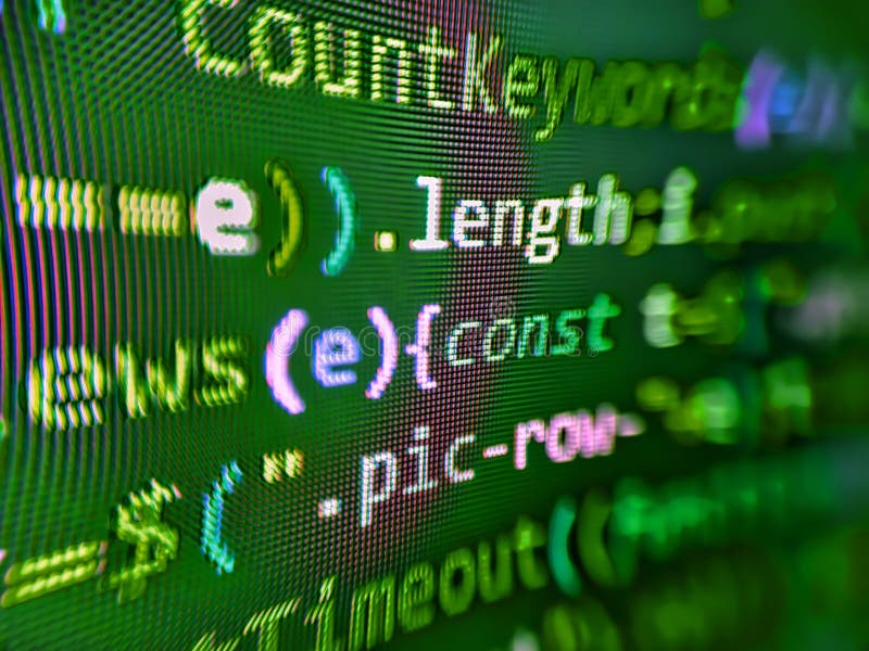 Computer Script. Digital binary data on computer screen. HTML code on computer screen on background. . Developing royalty free stock photo. .