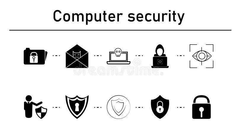 Computer security simple concept icons set. Contains such icons as file lock, mail with bug spy, malware and laptop concept, hacker, eye on white background