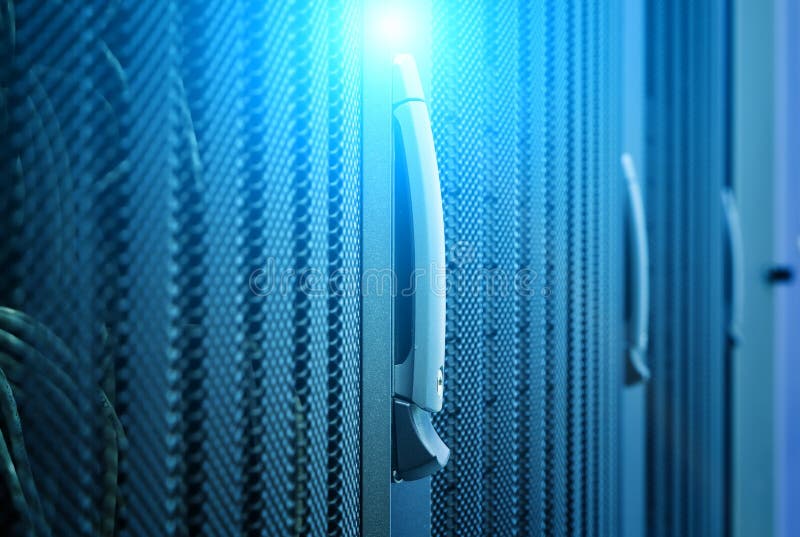 Computer Server in rack server close-up with blue light royalty free stock photo
