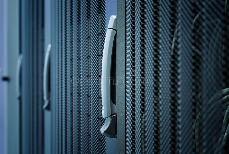Computer Server in rack server close-up with blue light stock photo
