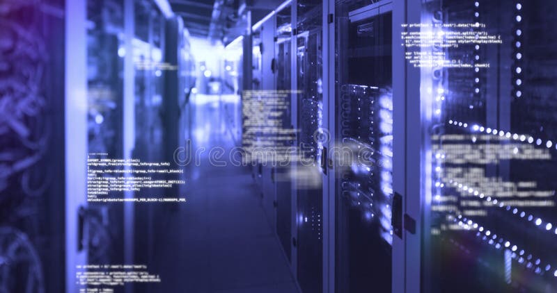 Image of data processing and digital information scrolling through network of computer servers in a server room with glowing light flashing on surface. Global network of internet service provider or data processing centre concept. No internet connection illustrations