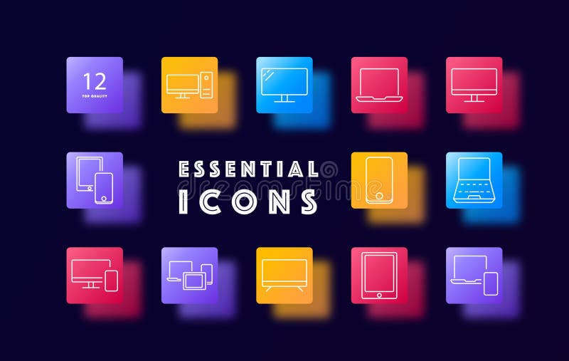 Computer set icon. Desktop, laptop, tablet, smartphone, monitor, screen, mobile device, technology, computer, hardware, display stock illustration