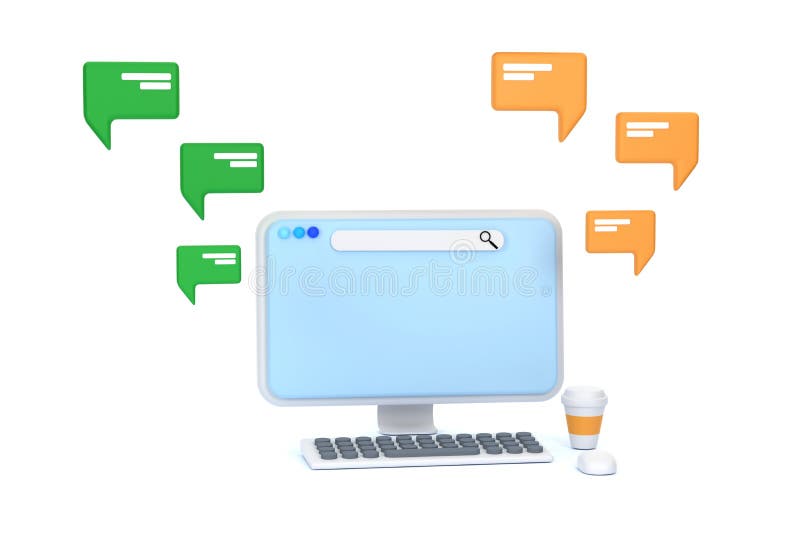 3D. Computer with short messages. Chatting with friends and sending messages