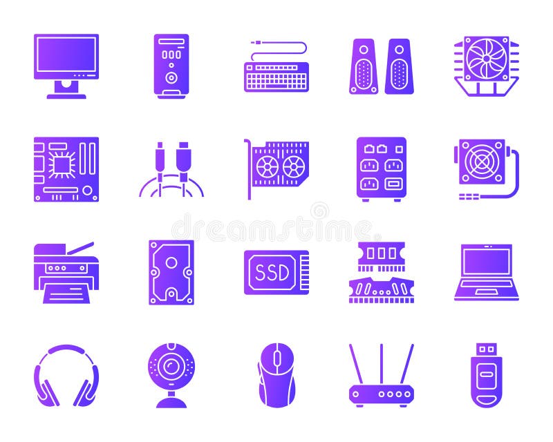 Computer simple purple gradient icons vector set stock illustration