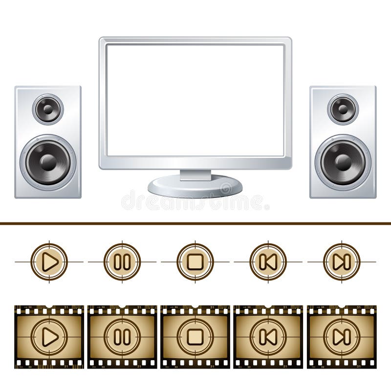 Computer with speaker isolated. Media buttons stock illustration
