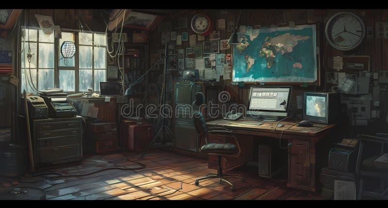 Computer station in a room with a wooden floor royalty free illustration