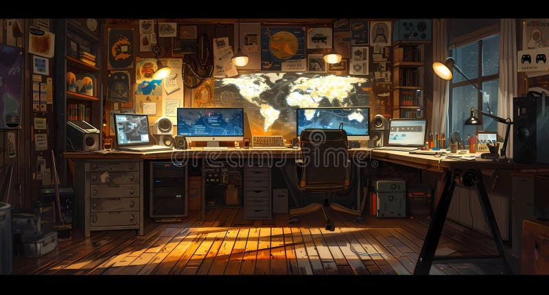 Computer station in a room with a wooden floor vector illustration