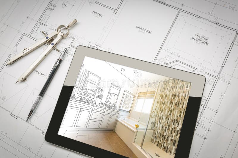 Computer Tablet with Master Bathroom Design Over House Plans