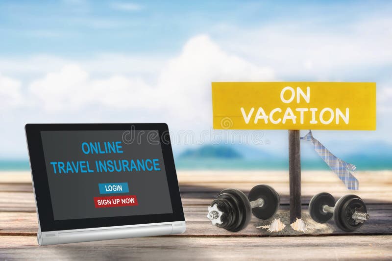 Computer tablet with online travel insurance screen on tropical beach background