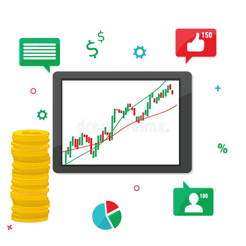 Computer tablet with trading chart graphic and stack of coins. Working on Financial market concept. royalty free illustration