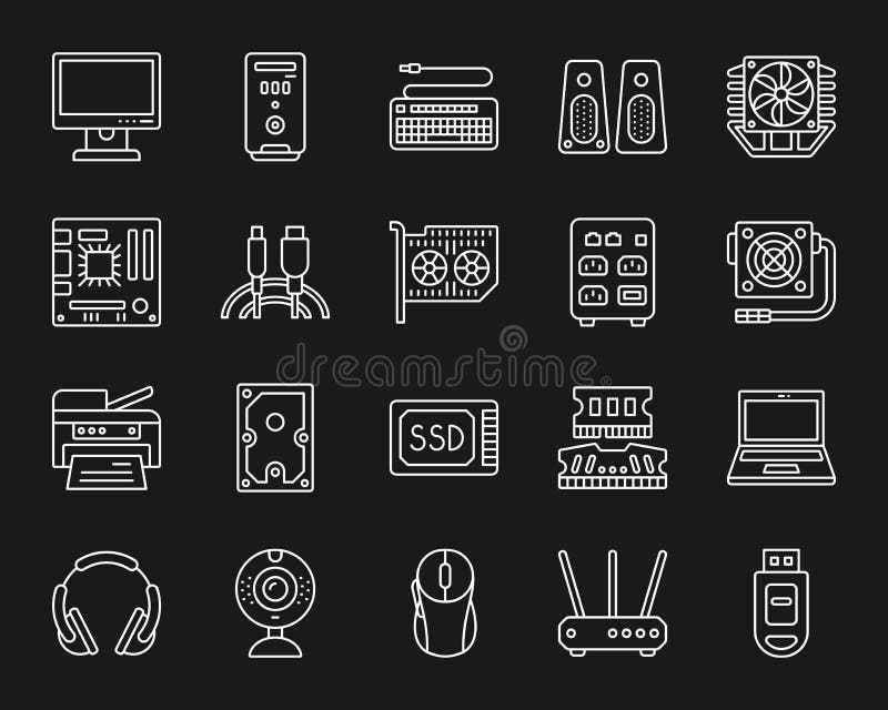 Computer simple white line icons vector set royalty free illustration