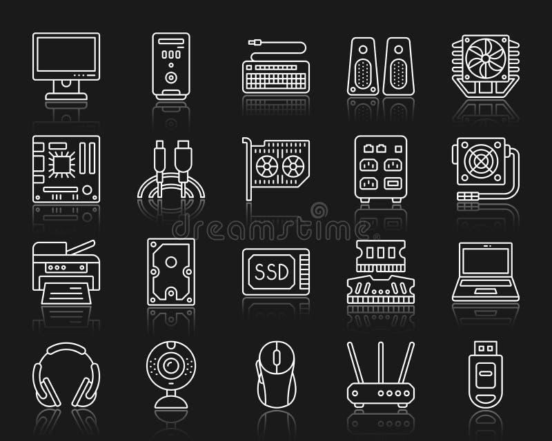 Computer simple white line icons vector set stock illustration