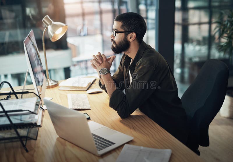 Computer, thinking and planning with business man in office for web designer, ux tools or research. Coding homepage stock image
