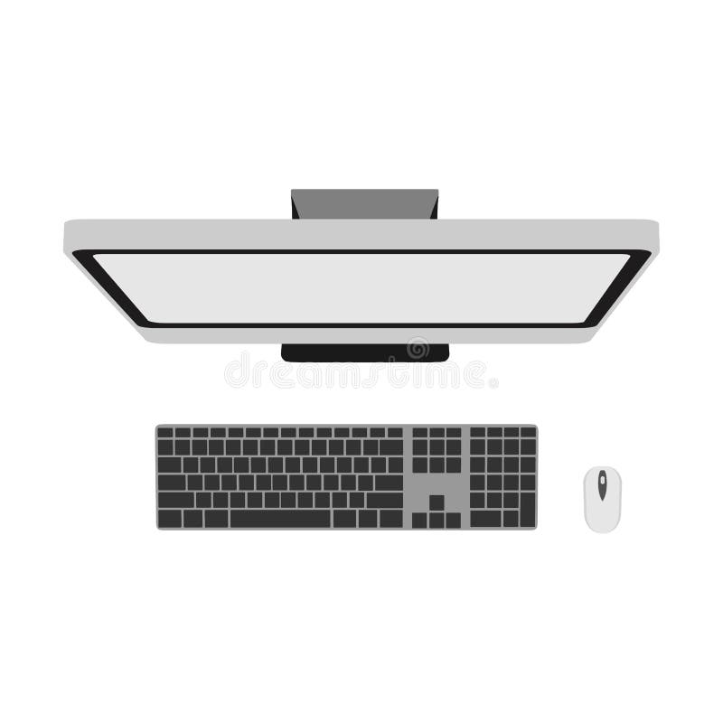 Computer top view technology business office design background. Above white screen PC vector object. Desktop table icon monitor is