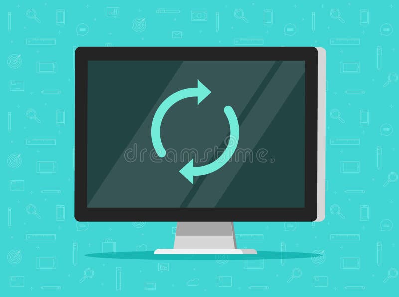 Computer updating vector illustration, flat cartoon pc with synchronize round arrows on screen, idea of connecting vector illustration