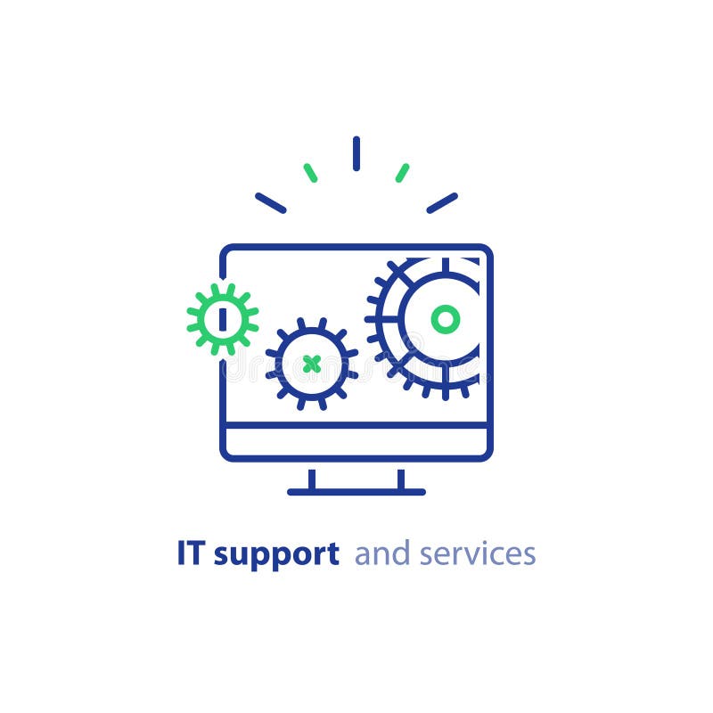 Computer upgrade, system update, software installation, repair services, IT support line icon stock illustration