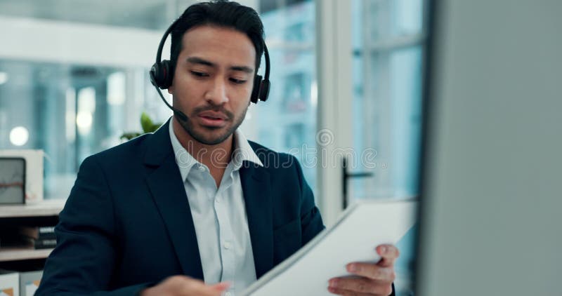 Computer, video call and man with notes, office and communication with client and wealth management. Flare, financial stock video footage