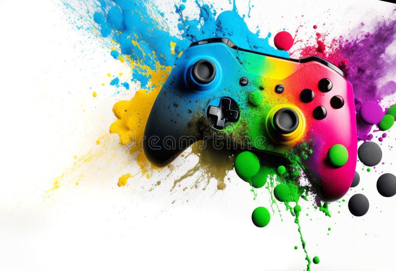 Computer Video Game Controller with Exploding Colourful Paint