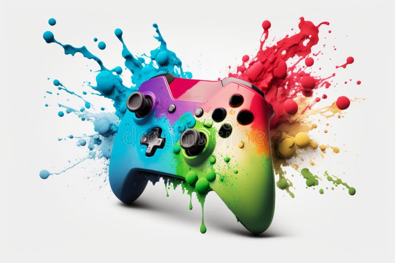 Computer Video Game Controller with Exploding Colourful Paint