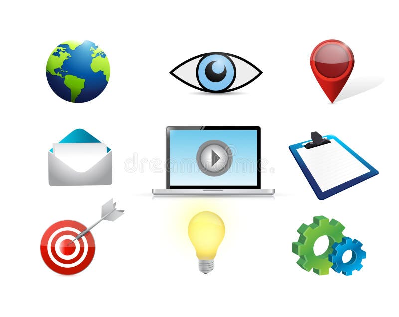 Computer video marketing concept icon set stock illustration