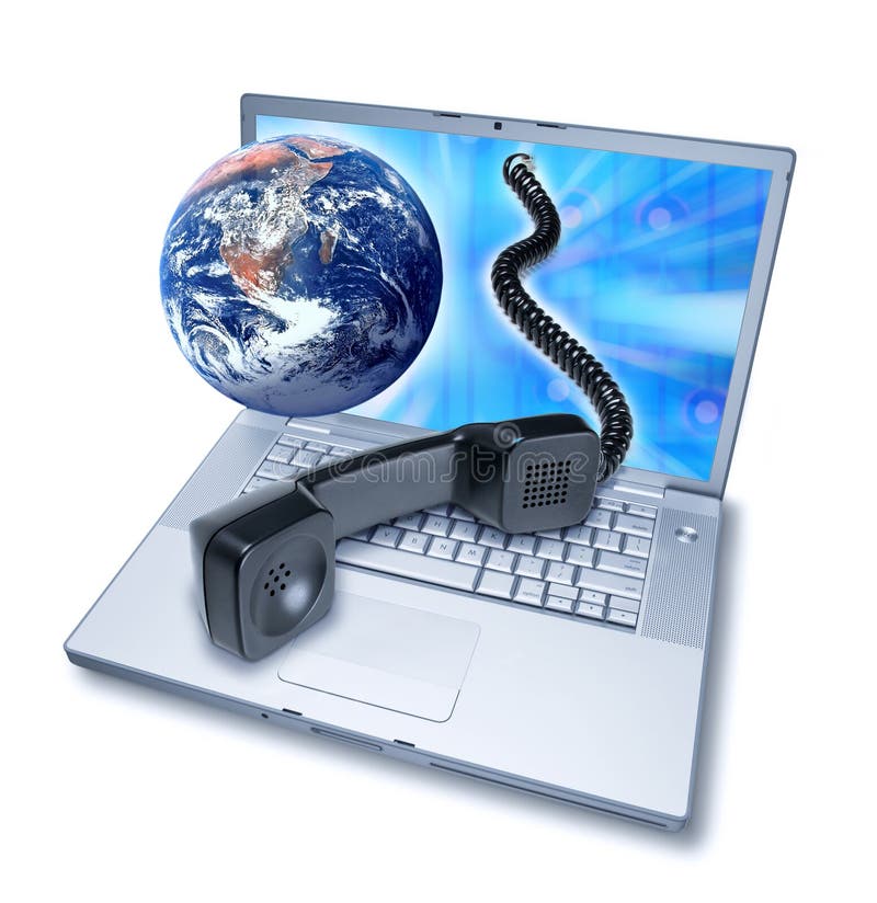 Computer Video Phone Teleconference. A laptop computer with the earth and a phone coming out of the screen isolated on white Computer Video Phone Teleconference. A laptop computer with the earth and a phone coming out of the screen isolated on white