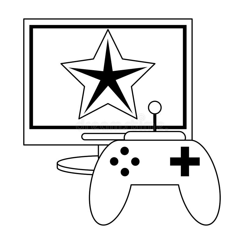 Computer with Videogame and Gamepad Black and White Stock Vector
