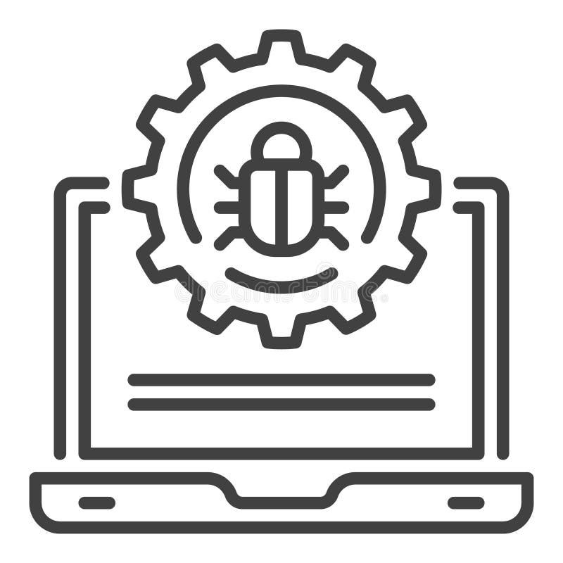Computer Virus or Bug on Laptop vector linear icon or symbol royalty free illustration