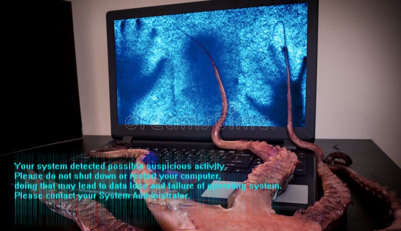 Computer virus concept. Laptop with man inside seized by disgusting monster with long sticky tentacles. Data loss danger. Computer virus concept. Laptop with man inside seized by disgusting monster with long sticky tentacles. Data loss danger