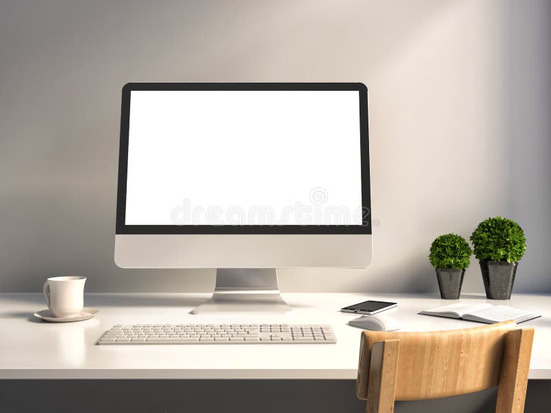 Computer with white screen on office table vector illustration