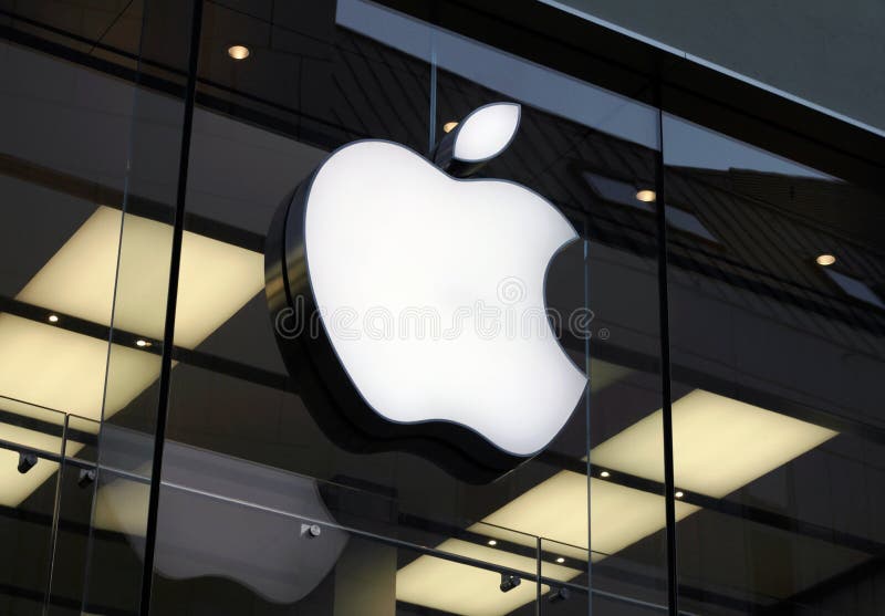 The Apple Computer logo on the front of the new Apple Store in Munich, July 2010. The Apple Computer logo on the front of the new Apple Store in Munich, July 2010.