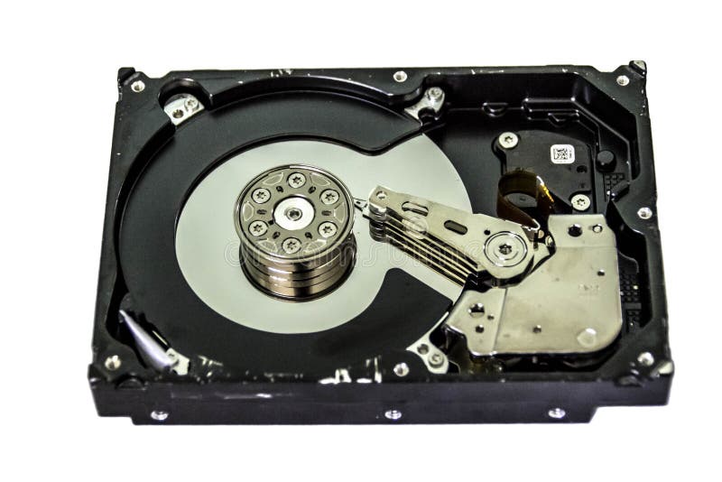 Hard Disk Drive 3.5`` SATA. HDD, hard disk, hard drive, or fixed disk with removed protective top cover. In the containment there are 2 metal plates on the spindle and read heads. Under the metal head cover hidden powerful neodymium magnet. Isolated white background. Hard Disk Drive 3.5`` SATA. HDD, hard disk, hard drive, or fixed disk with removed protective top cover. In the containment there are 2 metal plates on the spindle and read heads. Under the metal head cover hidden powerful neodymium magnet. Isolated white background