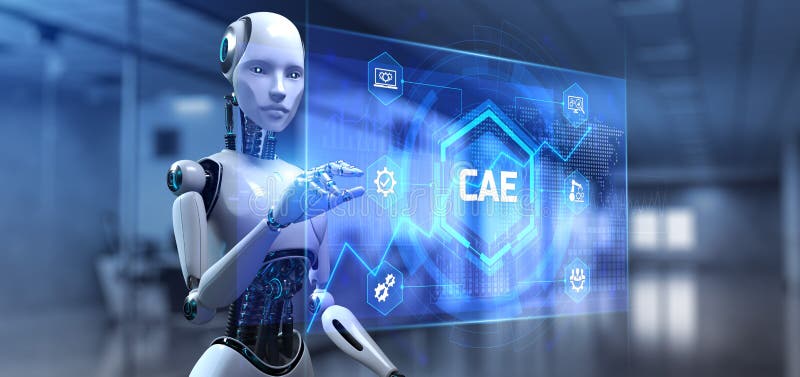 Computergestütztes Engineering-Softwaresystem. Technologiekonzept. Roboterdrücktaste auf Bildschirm 3D rendern stock abbildung