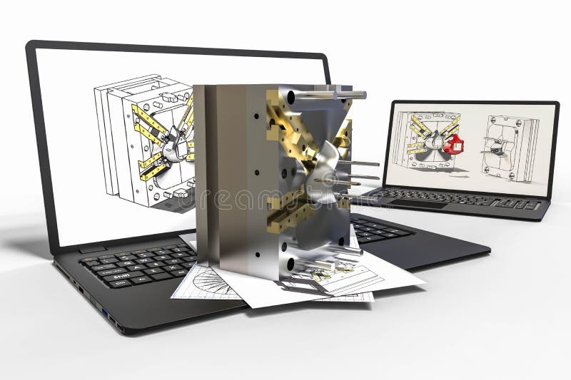 Computergesützte Konstruktion im Formentwurf mit Software 3d. Geschäftsgebäude stock abbildung