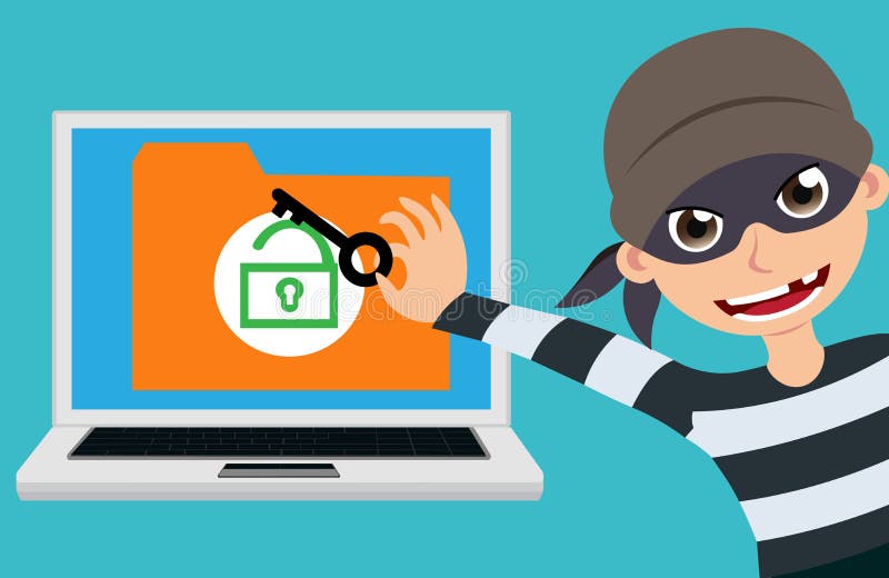 Computerhacker- und -diebvektorcharakter, der versucht, LOGON-Informationen und auf vertrauliche Dateien zu zerhacken und zuzugre lizenzfreie abbildung Computerhacker- und -diebvektorcharakter, der versucht, LOGON-Informationen und auf vertrauliche Dateien zu zerhacken und zuzugre lizenzfreie abbildung