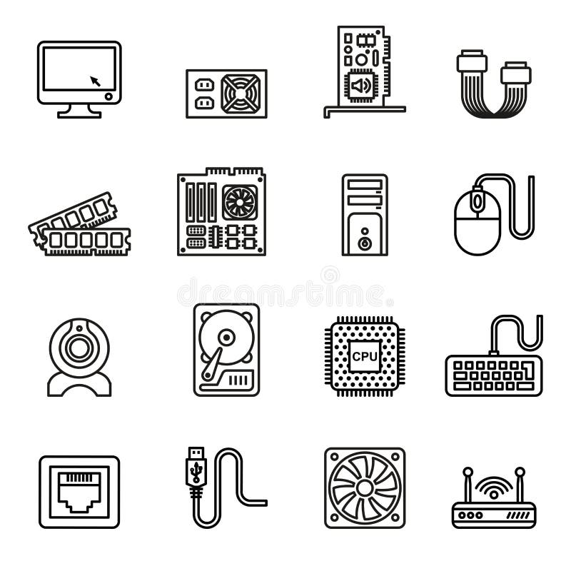 Computer Hardware Icons. PC Components Icons. Line Style stock vector. Computer Hardware Icons. PC Components Icons. Line Style stock vector.
