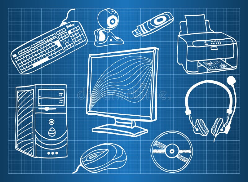 Blueprint of computer hardware - peripheral devices, sketch style. Blueprint of computer hardware - peripheral devices, sketch style