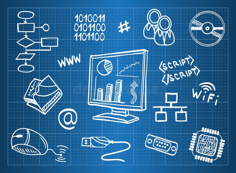 Blueprint of computer hardware and information technology symbols - sketch style. Blueprint of computer hardware and information technology symbols - sketch style