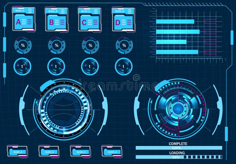 Computermanagement, virtuelle grafische Benutzeroberfläche, HUD-Elemente Abbildung. Computermanagement, virtuelle grafische Benutzeroberfläche, HUD-Elemente Auch im corel abgehobenen Betrag