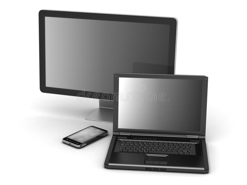 Computermonitor, laptop en mobiele telefoon stock illustratie Computermonitor, laptop en mobiele telefoon stock illustratie