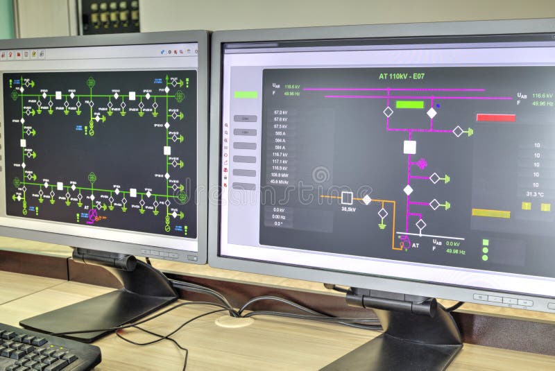 Computers and monitors with schematic diagram for supervisory, control and data acquisition royalty free stock images Computers and monitors with schematic diagram for supervisory, control and data acquisition royalty free stock images